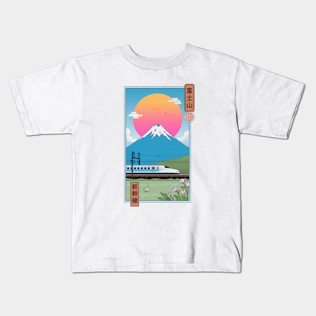 Shinkansen in Mt. Fuji Kids T-Shirt by Vincent Trinidad Art